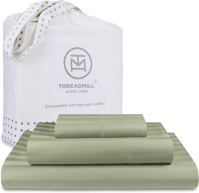 Threadmill 500 Thread Count Twin Size Damask Stripe, 3 Pc Luxury Cotton Sheet Set, Breathable & Silky Soft Sage Green Sheets with 15" Elasticized Deep Pocket, 1 Pillowcase & Free Tote Bag