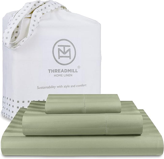 Threadmill 500 Thread Count Twin Size Damask Stripe, 3 Pc Luxury Cotton Sheet Set, Breathable & Silky Soft Sage Green Sheets with 15" Elasticized Deep Pocket, 1 Pillowcase & Free Tote Bag