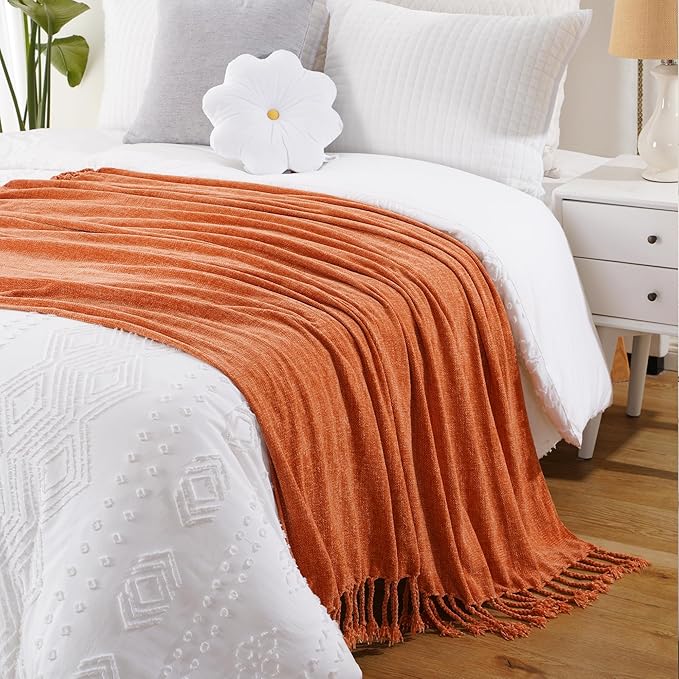 BATTILO HOME Burnt Orange Throw Blanket for Couch, Decorative Fringe Velvety Orange Throw Blanket for Bed, Fall Decor Blankets & Throws, 50"x60"