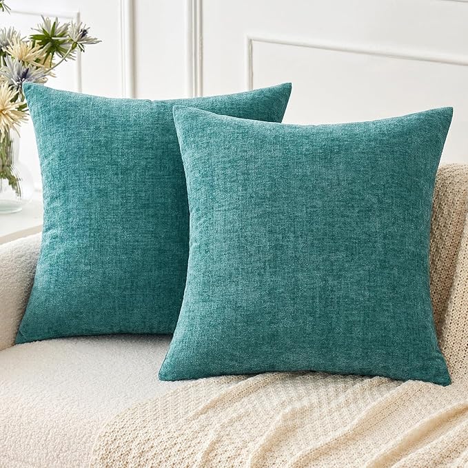 MIULEE Pack of 2 Teal Throw Pillow Covers 16x16 Inch Soft Chenille Pillow Covers for Sofa Living Room Couch Solid Dyed Cases