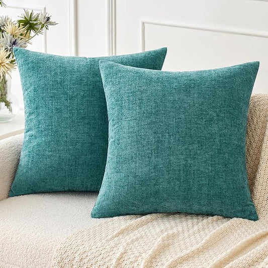 MIULEE Pack of 2 Couch Throw Pillow Covers 18x18 Inch Soft Teal Chenille Pillow Covers for Sofa Living Room Solid Dyed Pillow Cases