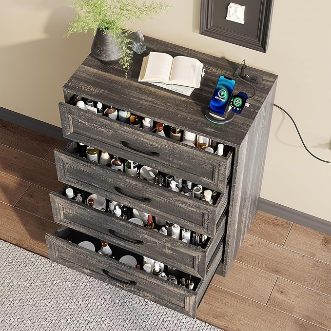 Fameill Dresser for Bedroom, 4 Drawer Small Dresser Organizer with Charging Station for Livingroom, Chest of Drawers with Metal Handles, Dark Brown