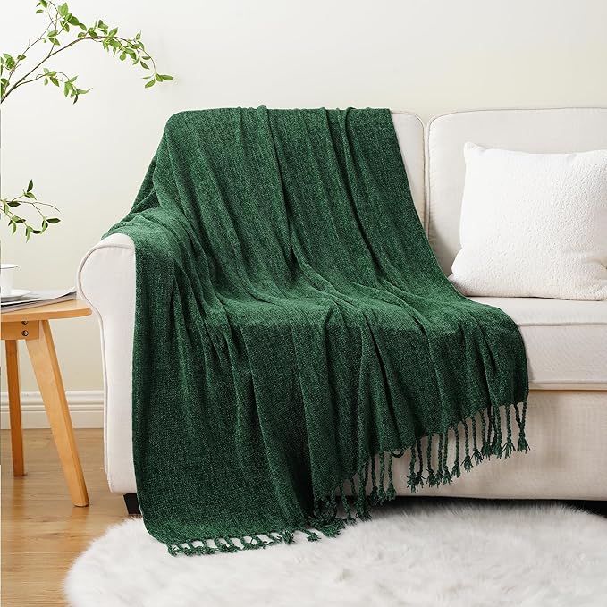 BATTILO HOME Chenille Knit Throw Blanket for Couch, Soft Cozy Dark Green Knit Throw Blanket with Fringe, Lightweight Throw Blanket for Home Decoration, 50"x60"