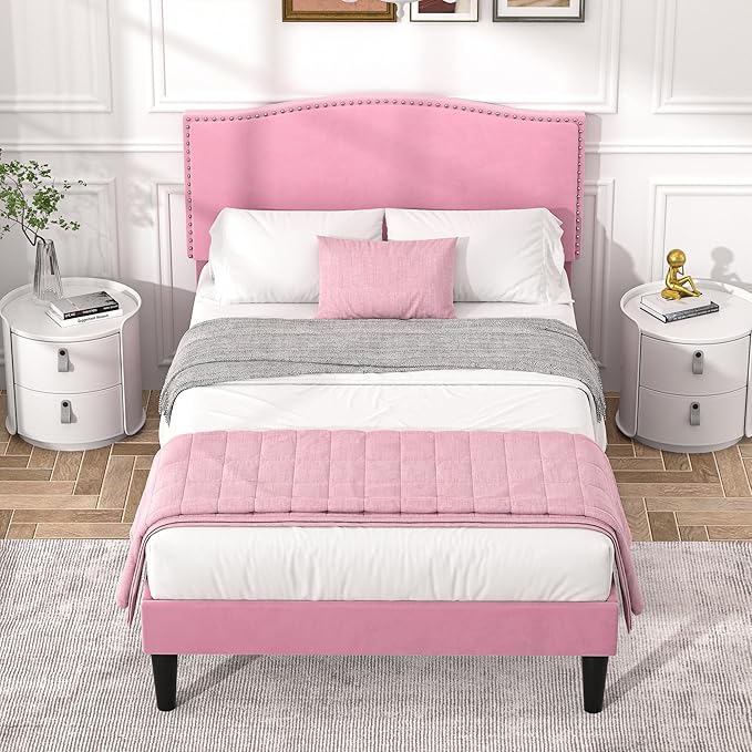 VECELO Twin Bed Frame Platform Bed Frame with Upholstered Headboard, Strong Frame and Heavy-Duty Slats Support, Non-Slip and Noise-Free, Easy Assembly,Pink