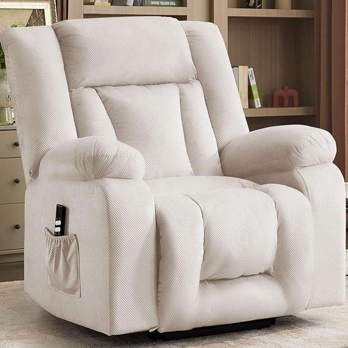 Oversized Dual Motor Power Lift Recliner for Adults, Electric Lift Chair with Heating and Massage, Waffle Fabric Electric Recliner Chair with Side Pockets, Wide Recliner for Living Room