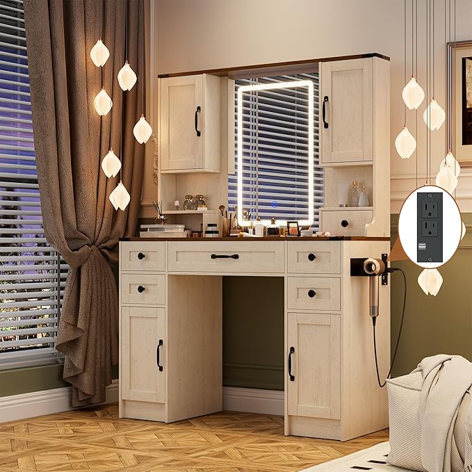 KAMABOKO Farmhouse Vanity Desk with Mirror and Lights, Large Makeup Vanity with 6 Drawers and 4 Storage Cabinets, 3 LED Lights Modes, White Dressing Table Set for Girls Bedroom