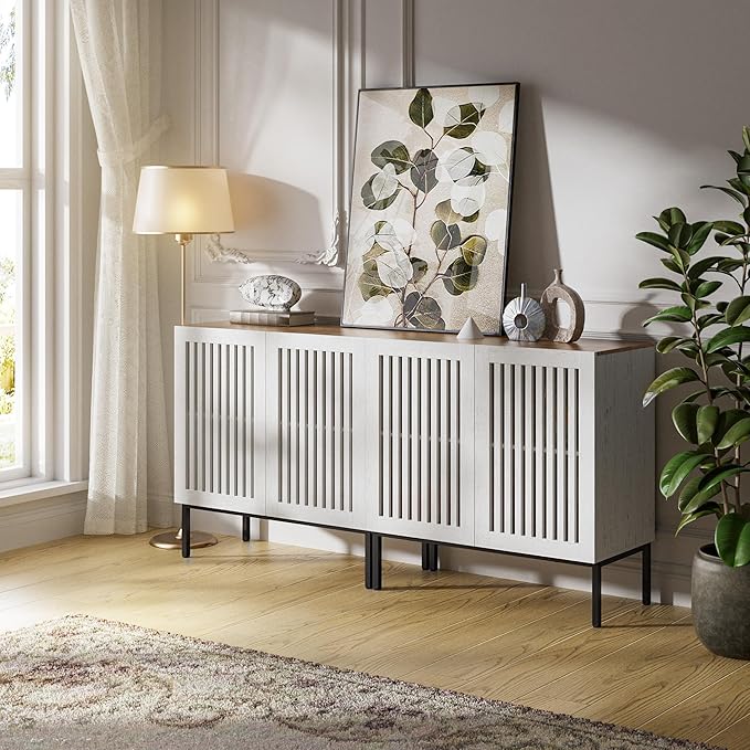 Farmhouse TV Stand for 70 Inch TVs, 2-in-1 Entertainment Center with Storage Cabinets & Metal Base, Antique White Media Console for Living Room