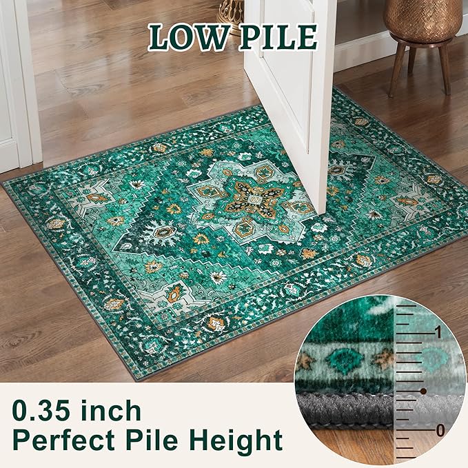 Tangsoo 8x10 Area Rug for Living Room, Washable Vintage Rug Indoor Non Slip Large, Print Distressed Emerald Carpet, Soft Low Pile Foldable Floor Rugs for Bedroom Dining Room Dorm