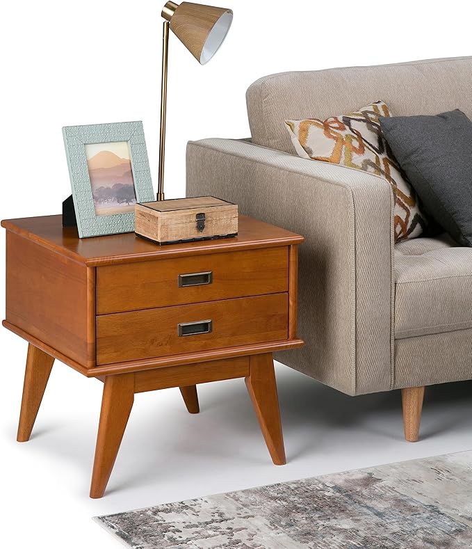 SIMPLIHOME Draper SOLID HARDWOOD 22 inch Wide Rectangle Mid Century Modern End Side Table in Teak Brown for the Living Room and Bedroom