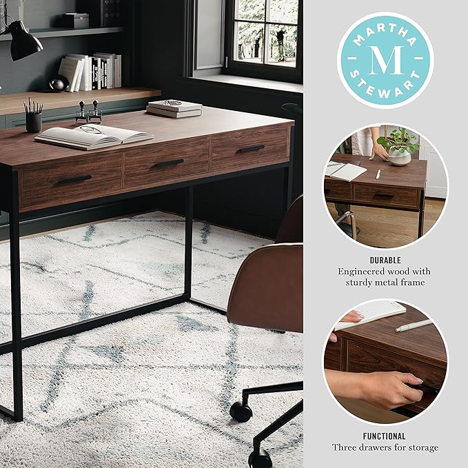Martha Stewart Ollie Home Office Desk with 3 Drawers in Walnut Wood Grain with Oil Rubbed Bronze Hardware