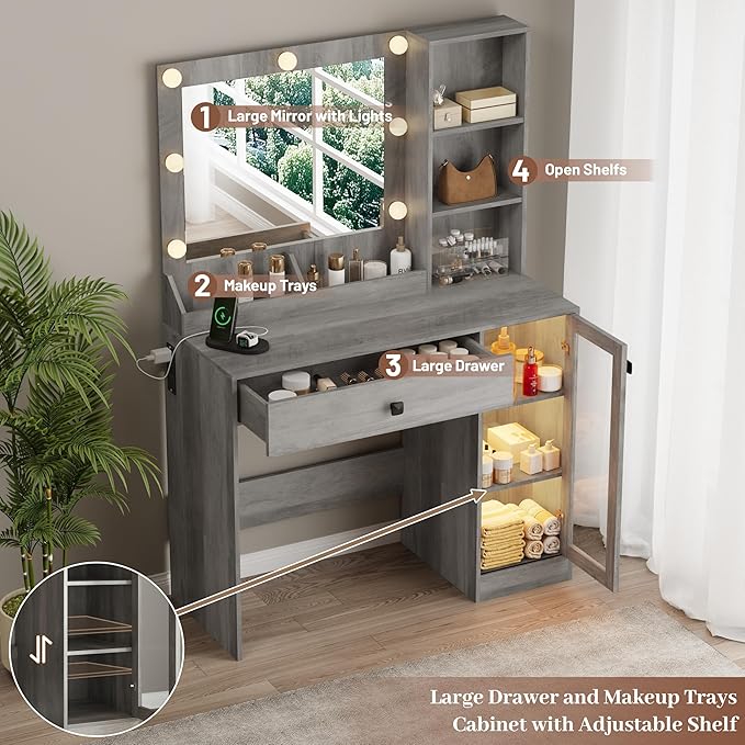 Makeup Vanity with Mirror and Lights, 34'' Wide Dressing Table with Charging Station & RGB Glass Cabinet, Small Vanity Desk with 3 Color Lighting Modes & Adjustable Brightness, Grey