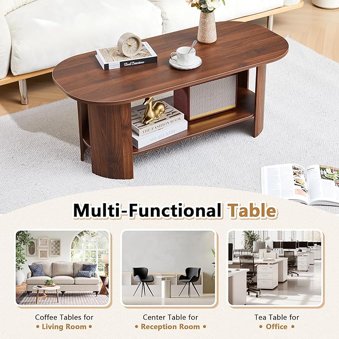 43.3” Oval Coffee Table with Storage, Wood Coffee Tables for Living Room, Farmhouse Center Table with 2-Tier Storage Shelf Low Tea Table for Small Space, Home, Office (Walnut)