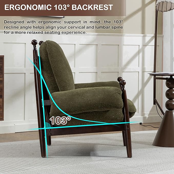 Mid Century Modern Accent Chair with Arms, Upholstered Spindle Chair with Wood Frame, High-Resilience Sponge Cushion for Living Room Bedroom Office