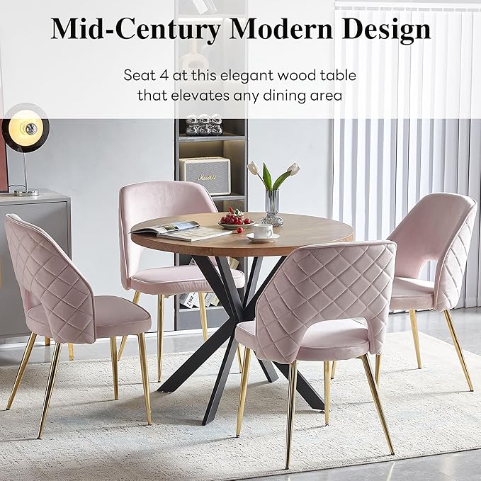 NORDICANA 5-Piece Dining Table Set for 4 - Space Saving 37-Inch Round Table and Chairs, 4 Seaters Dining Set with Upholstered Dining Chairs (Light Pink)