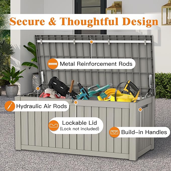 119 Gallon Outdoor Storage Box, Waterproof Deck Box with Handles and Lockable Lid, Resin Patio Storage Box with Hydraulic Rods for Garden Tools, Cushions, Grey