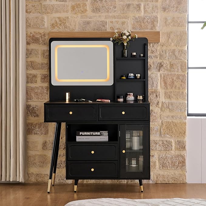 Modern Makeup Vanity Desk with Mirror and Lights,Retractable Dressing Table with Drawers and Cabinets,Makeup Table Set for Bedroom