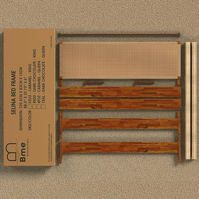 Bme Selina King Bed Frame and Headboard - Handcrafted Paper Cord Headboard, 12-Slat Support, No Box Spring Needed - Easy Assembly, Caramel