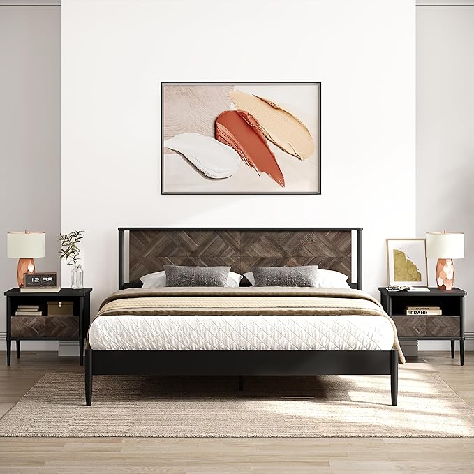 Lenia 14-Inch Queen Size Platform Bed Frame with Headboard – Heavy Duty Acacia Wood, Mid-Century Modern Style, 12 Slats for Support, No Box Spring Needed, Noise-Free, Easy Assembly, Mocha Black