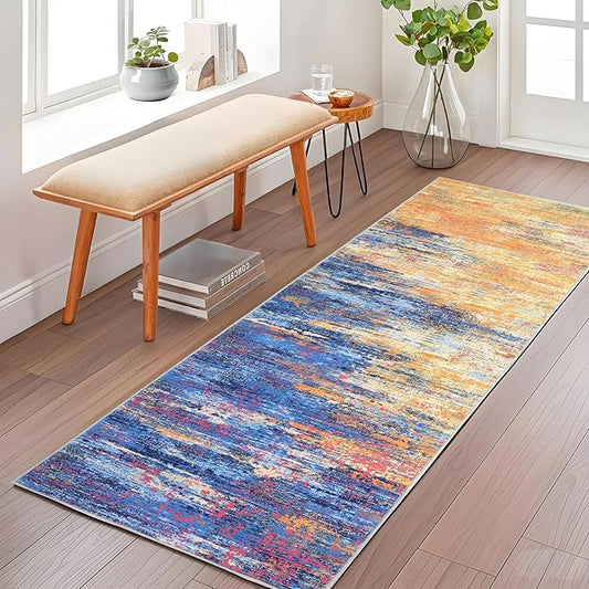 Washable Runner Rug 2x6 Modern Abstract Kitchen Rugs, Non Slip Bathroom Rug, Low Pile Laundry Room Soft Long Carpet for Hallway Bedroom Entryway, Blue/Orange