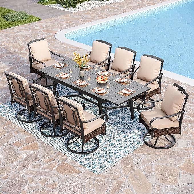 PHI VILLA 9-Piece All-Weather Outdoor Dining Set, Heavy Duty Expandable Metal Table & 8 Swivel Chairs with Cushions, Durable Patio Furniture for Deck, Backyard, Garden