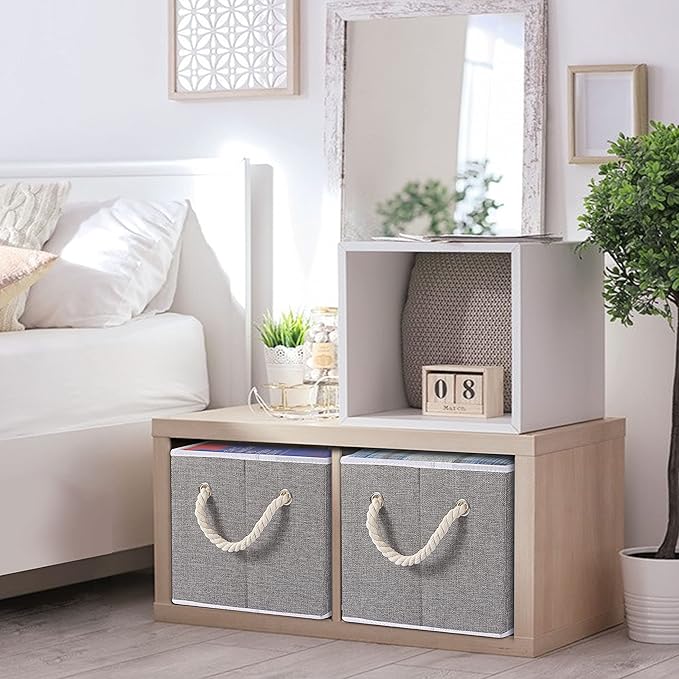 Yawinhe Foldable Storage Basket 5-Pack, Large Fabric Bins with Rope Handle, Used for Organizing Shelves, Closets, Clothes, 12.99''Lx9.05''Wx7.87''H, Grey