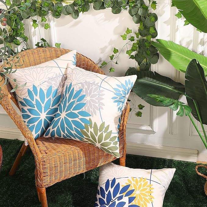 Blue Army Green Outdoor Pillow Covers Set of 2 16X16 Inch Teal Floral Elegant Polyester Flower Pillow Case Outdoor Waterproof Decor for Patio Funiture Garden Linen Cushion Covers 01C16