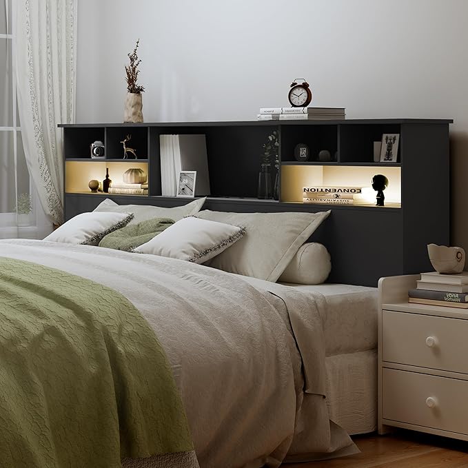 King Size Headboard only for Bedroom, Stylish King Bookcase Headboard with Built-in Charging Station & 2 LED Lights, Noise-Free Wood HeadBoard with Storage, Bookshelf Headboards Black