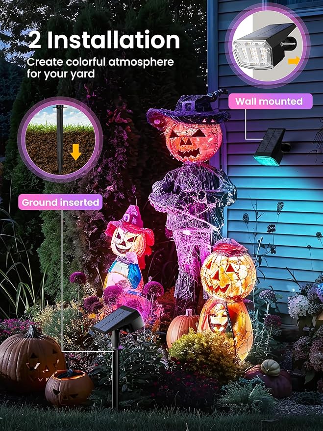 Color Changing Solar Spot Lights Outdoor, 9 Lighting Modes Colored Solar Lights Outdoor RGB, Color Light Waterproof IP65, Landscape Spotlights for Halloween Christmas Decorations