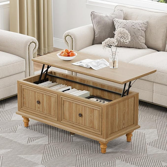 39" Lift Top Coffee Table for Hidden Compartment, Wood Coffee Tables with Shelf, Farmhouse Rectangular Center Table Dining Table for Living Room Home Office Small Space (Natural)
