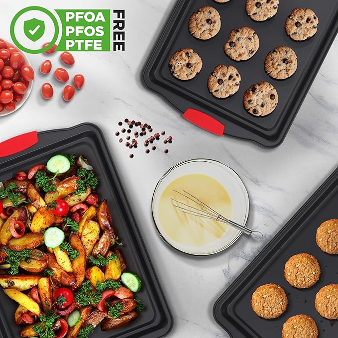 NutriChef Nonstick Baking Pans Set – 3-Piece Carbon Steel Cookie Sheet Set with Red Silicone Handles, Small, Medium, Large Stackable Trays, Oven and Dishwasher Safe Design for Cakes, Cookies and More