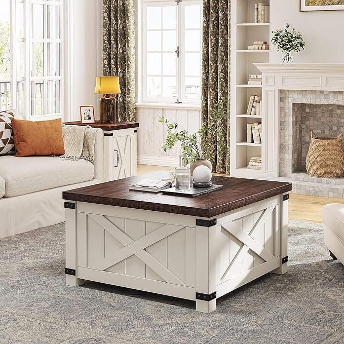 EnHomee Coffee Table 35.7" W Lift Top Coffee Tables for Living Room White Modern Coffee Table with Storage, Square