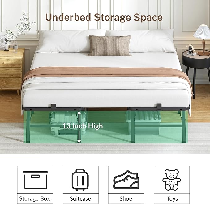 14 Inch California King Metal Bed Frame Folding Bed Frame Tool-Free Assembly Mattress Foundation No Box Spring Needed Platform 2500lbs Heavy Duty Steel Slats, Noise-Free, Easy Assembly, Black