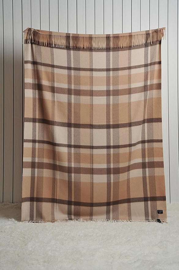 EP Mode 100% Pure Cashmere Throw Blanket for Sofa, Classic Design with Gift Box (Camel Tartan)