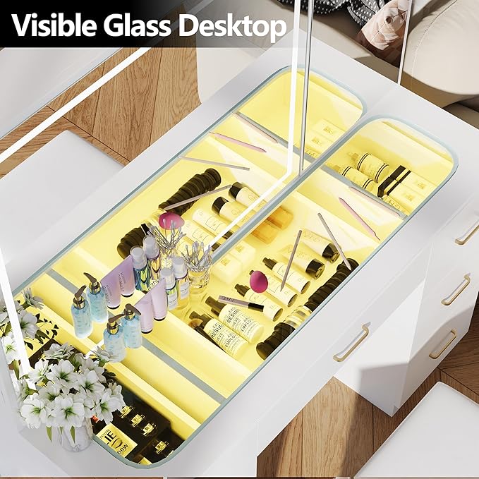 Galss Top Vanity Desk with Mirror and Lights, Large Storage Makeup Vanity with 7 Drawers, White Vanity Table with Side Glass Cabinet, Adjustable Brightness Dressing Table Set with Stool