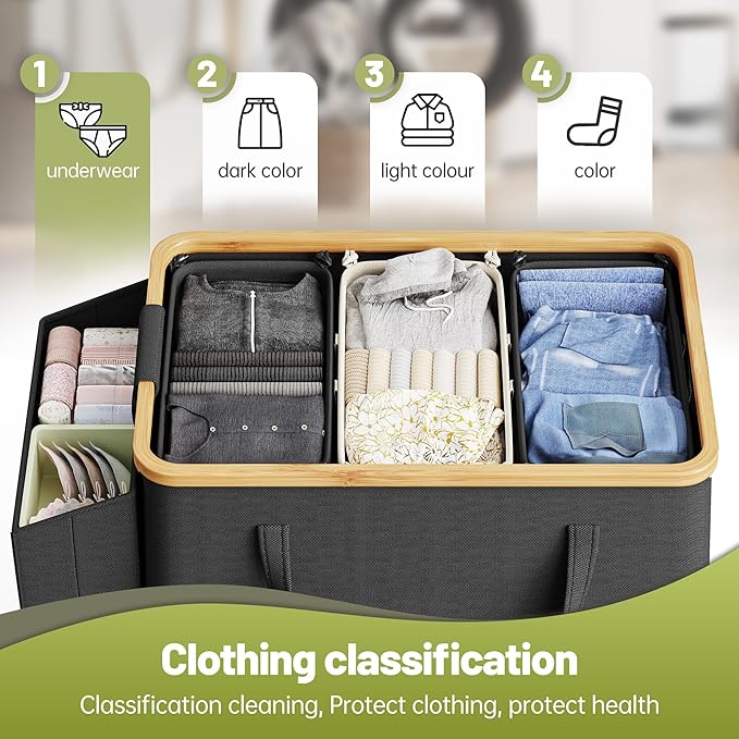 175L Laundry Hamper with Lid 3 Section, Extra Large Laundry Basket with 3 Removable Bags, 46 GAL Laundry Basket Organizer for Bedroom, Laundry Room, Dorm, Black