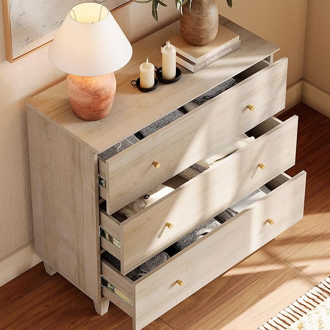 WAMPAT TV Stand Dresser for 32+ Inches TVs, Wood Media Console Table with 3 Drawers, Modern Highboy Entertainment Center with Storage for Living Room Bedroom, Natural Oak