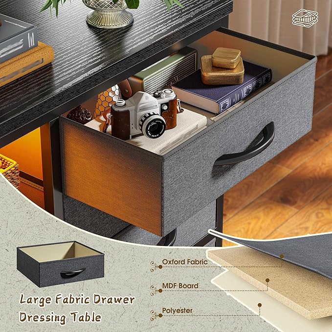 TV Stand with 12 Fabric Drawers for 55 inch TV, Entertainment Center with Charging Station & LED Lights, TV Media Console Table with 2 Open Storage Shelves for Living Room, Dorms, Wood Top, Grey