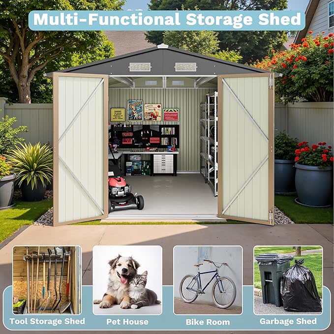 Greesum 8×10FT Outdoor Storage Shed, Metal Patio Storaged Sheds with Lockable Doors, Sheds & Outdoor Storage for Bike, Backyard, Pool and Garden, Brown