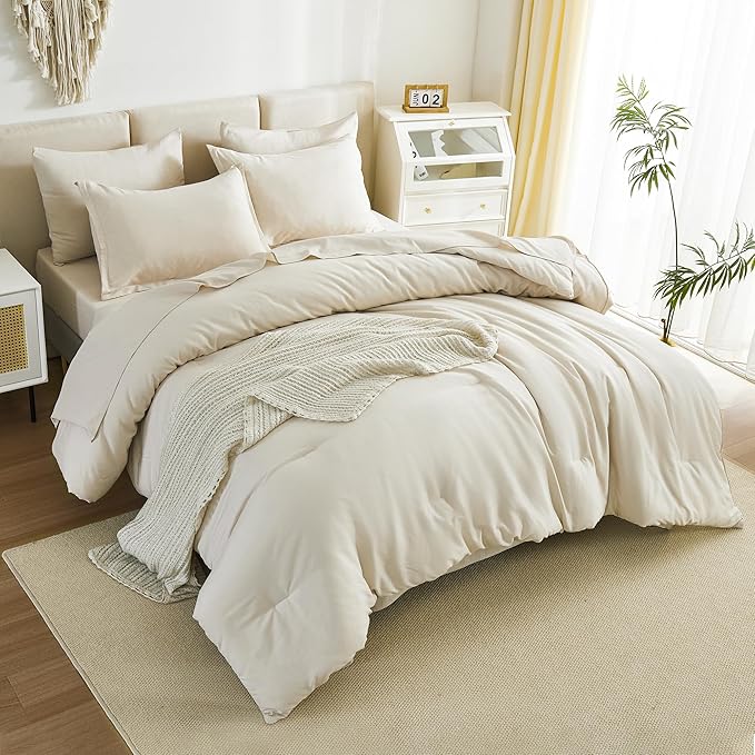 Litanika Twin/Twin XL Size Comforter Set - 5 Piece Bed in a Bag Beige, Lightweight Solid Includes Comforter, Sheets, Pillowcases & Shams