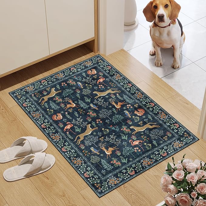 DUKINO 2x3 Rug, Washable Animal Rugs for Entryway, Non Slip Indoor Door Mat, Soft Low Pile Small Area Carpet for Entrance, Bedroom, Kitchen, Laundry, Bathroom, Navy Blue