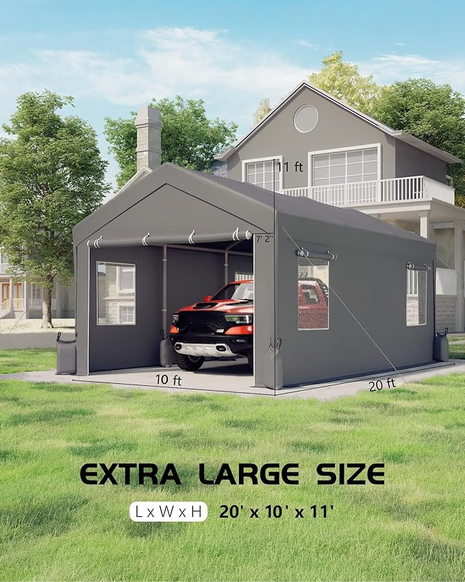 10X20 Ft Carport, Portable Carport with 4 Roll-Up Windows,Doors,Car Port with 200g PE Tarp for Car Boat Truck Motorcycle, Waterproof & UV Protected, Anti-Snow Portable Garage Kit Tent