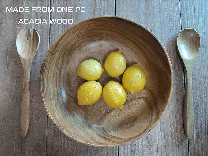 11.5 inches Acacia Wood Salad Bowl Set with 1 set spoon and fork, in a gift box, made from one pc solid acacia wood, made in Vietnam.