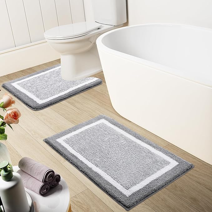 OLANLY Toilet Rugs U-Shaped 24x20, Extra Soft and Absorbent Microfiber Bathroom Rugs, Non-Slip, Machine Wash Dry, Plush Shaggy Contour Bath Mats for Toilet Base (Grey and White)