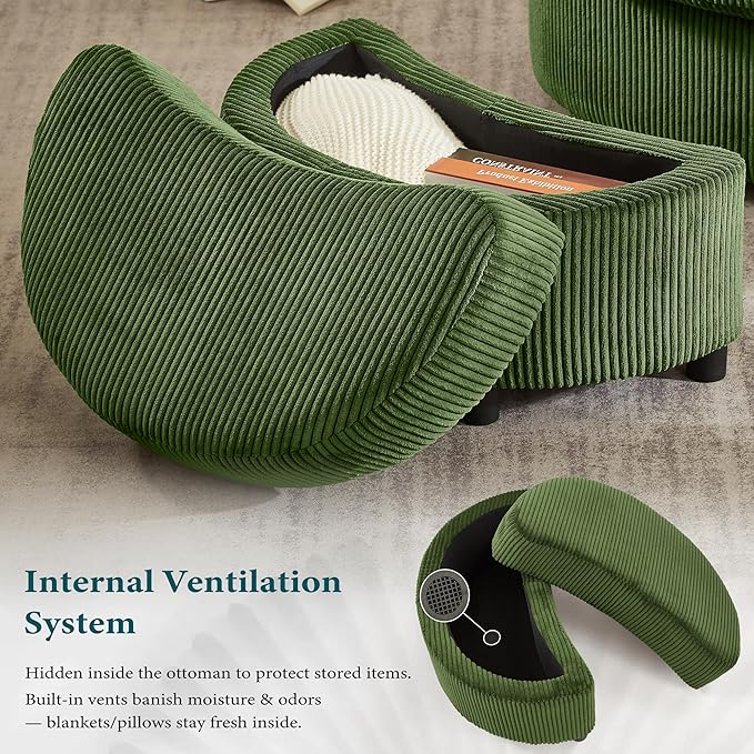 Swivel Accent Chair with Ottoman Comfy Reading Chairs for Bedroom Modern Corduroy Arm Chair 360°Swivel Barrel Chairs for Living Room,Apartment (Green, 1)