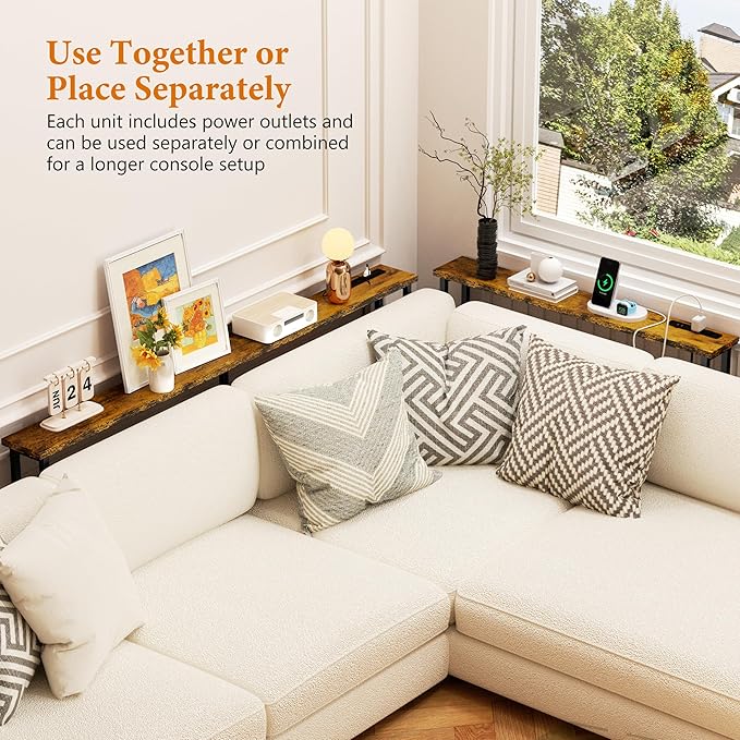 GRLEAF 39" Narrow Console Sofa Table with Built-in Power Strip (4 AC Outlets & 4 USB Ports) – 4.9ft Power Cord, Metal Frame, Easy Assembly, Ideal for Behind Couch, Hallway, and Office | Rustic Brown
