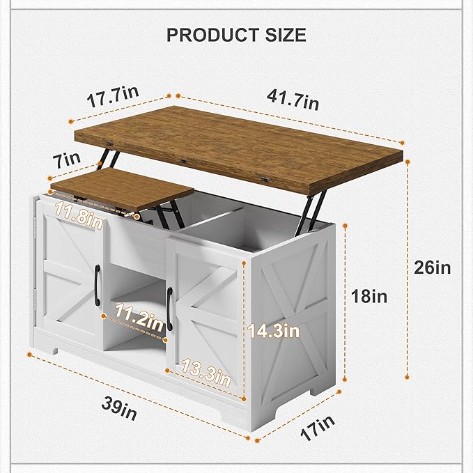 Lift Top Coffee Table with Storage, 4 in 1 Multi-Function Convertible Tea Tables with Hidden Compartment, Farmhouse Center Table Converts to Dining Table for Living Room, Brown
