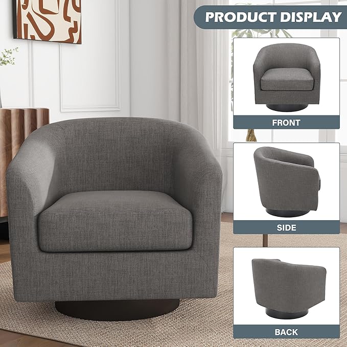 UIXE 360° Swivel Barrel Accent Chair Armchair, Modern Round Club Arm Chair in Fabric, Comfy Upholstered Living Room Single Sofa Seat - Dark Gray