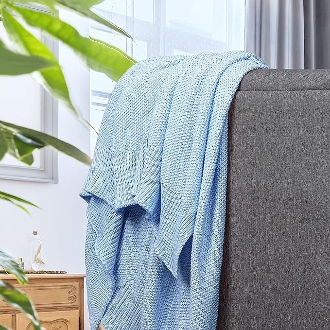 PiccoCasa 100% Cotton Knit Throw Blanket,Solid Lightweight Decorative Throws and Blankets,Soft Knitted Throw Blanket for Sofa Couch, Pale Blue 50" x 60"