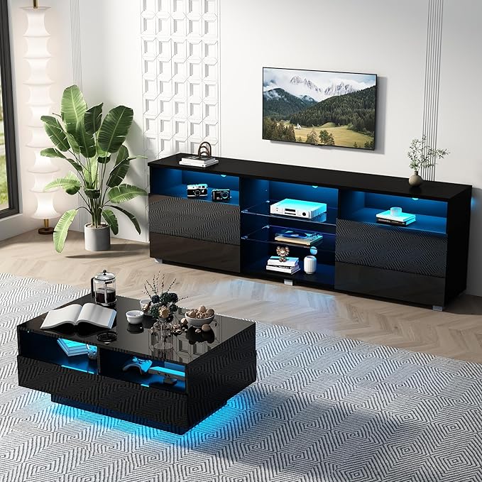 SUSSURRO LED TV Stand for 75/80 inch TV, Television Table Center Media Console with Drawer and Led Lights, High Glossy Modern Entertainment Center for Living Game Room Bedroom, Black