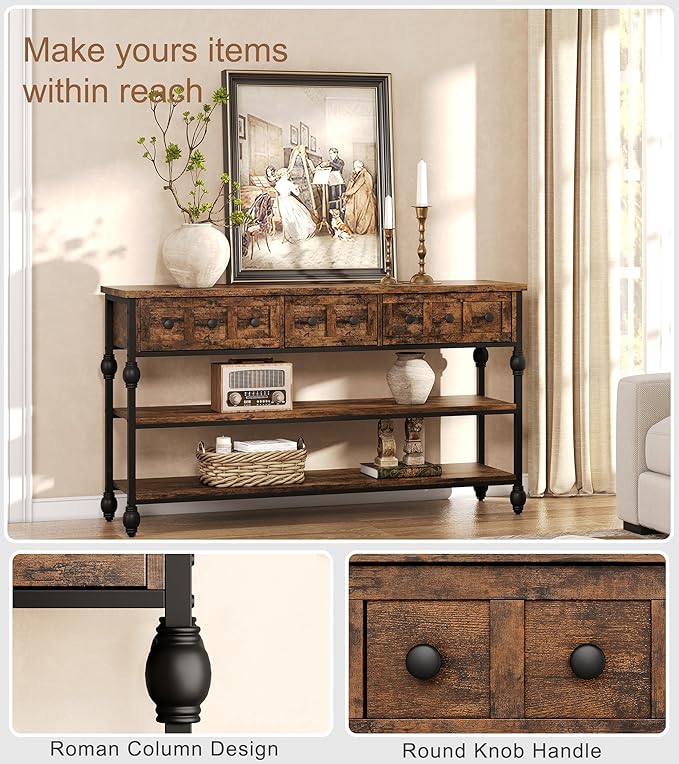 GarveeHome 52" Console Table, Entryway Table with 3 Storage Drawers, 3 Tier Industrial Metal Sofa Table, Behind CouchTable, Hallway Table for Entry, Living Room-Retro Brown